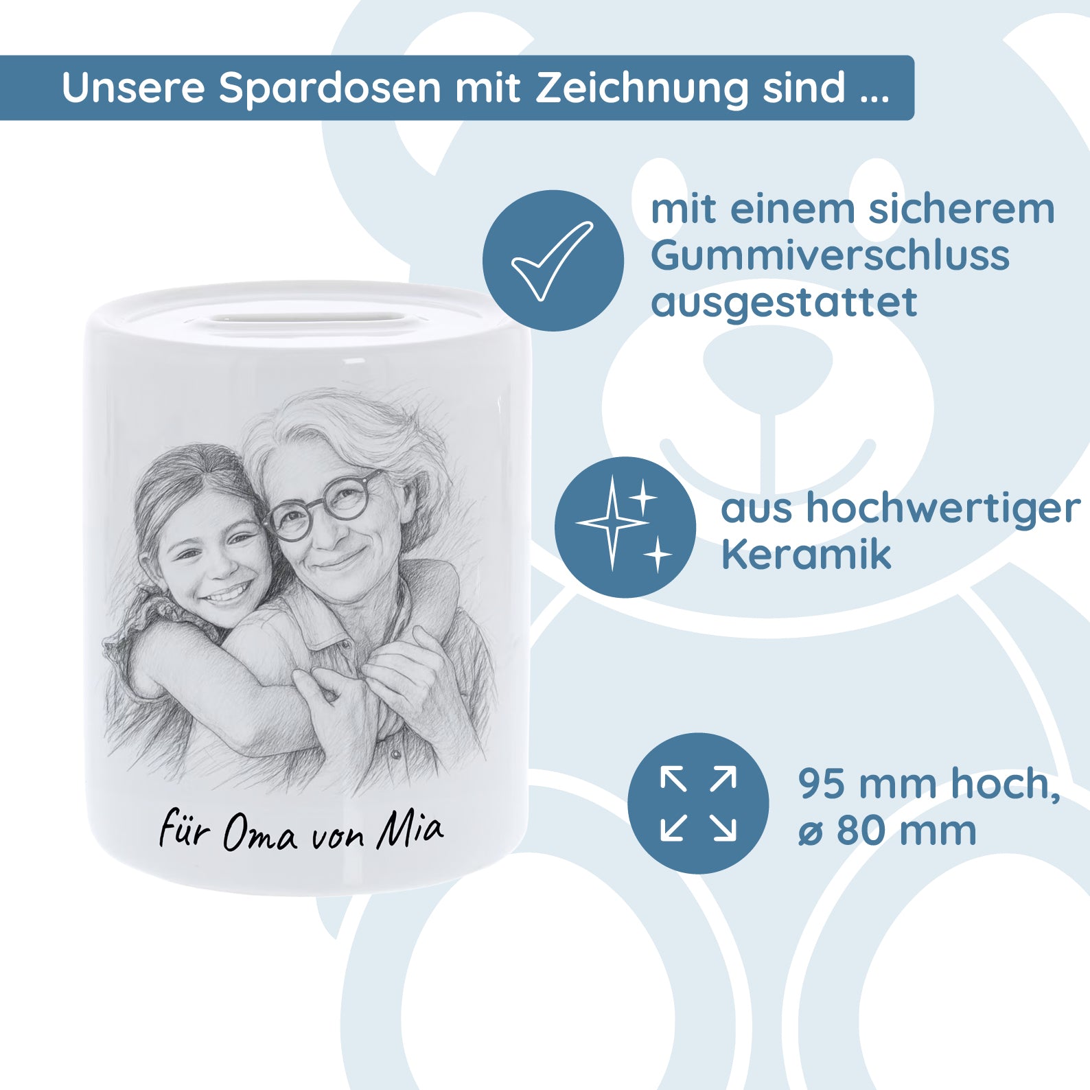 Spardose mit Bleistiftzeichnung und Text - kinder-druckerei.de