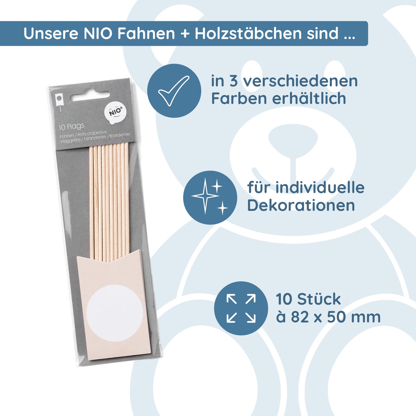 NIO Fahnen + Holzstäbchen Craft (82x50 /200 mm - 10 Stück) - kinder-druckerei.de